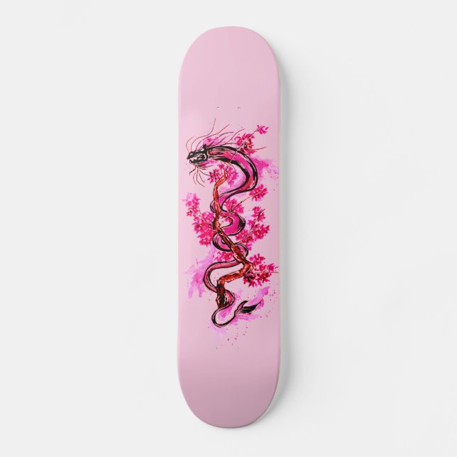 Skateboard Dragon rose et fleurs (Recto)