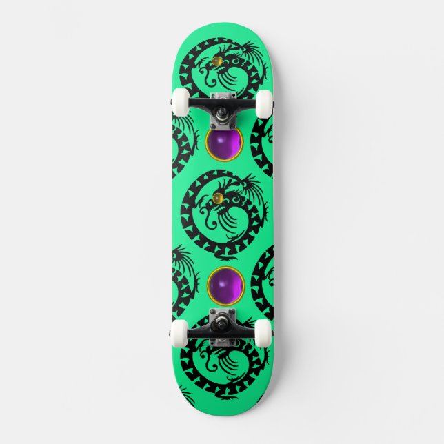 Skateboard DRAGON VERT NOIR, Gemmes Améthystes pourpres (Recto)