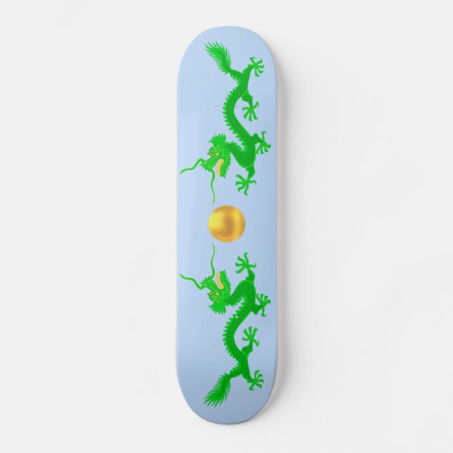 Skateboard Dragons verts avec Boule d'or sur Bleu clair (Recto)