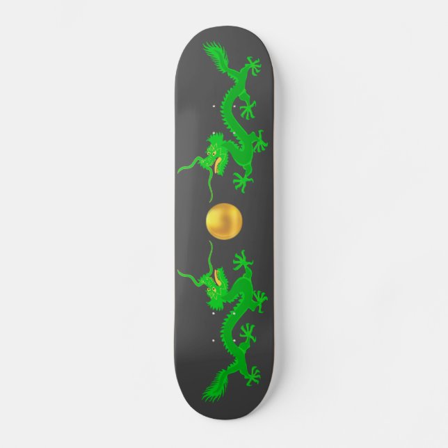 Skateboard Dragons verts avec boule d'or sur gris foncé (Recto)