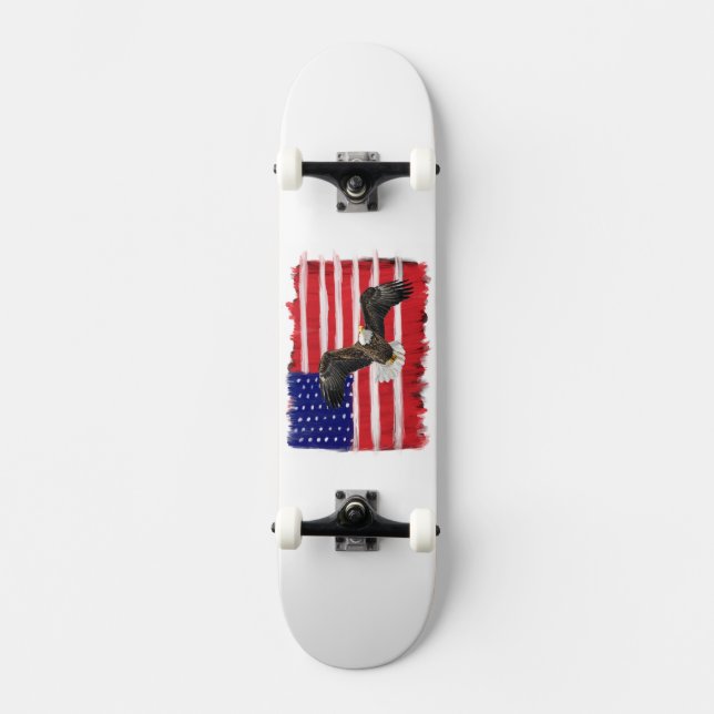 Skateboard Drapeau Et Aigle Peints D'Art Folk (Recto)