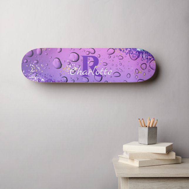 Skateboard Droplets d'eau violette | Ombre bleu et blanc (Art mural (Horz))