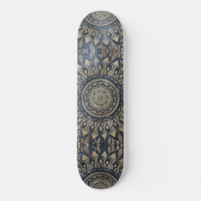 Skateboard Elégant bleu or Mandala Floral (Recto)