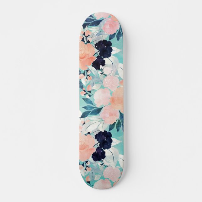Skateboard Elégant bleu rose Fleurs de menthe Aquarelle Flora (Devant)