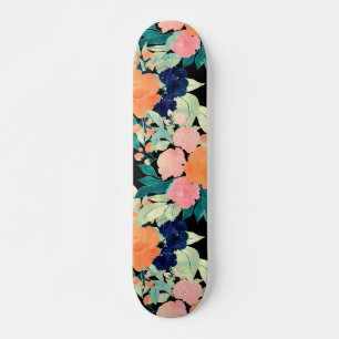 Skateboard Elégant bleu rose orange Fleurs noir floral