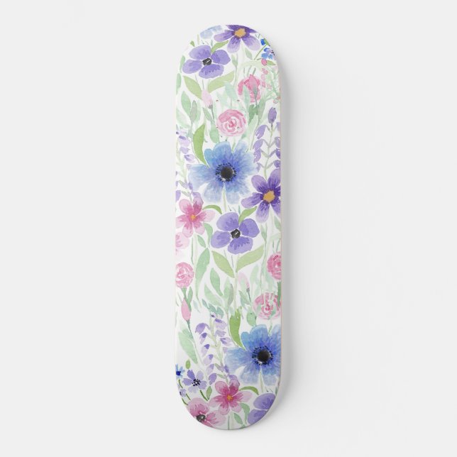 Skateboard Elegant Country Pink Purple Blue Watercolor Flower (Recto)