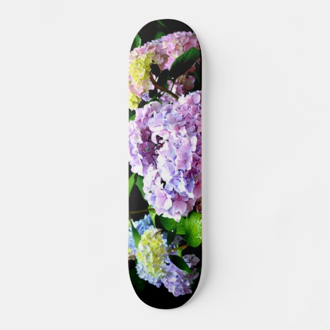 Skateboard Elégant jardin rose violet bleu hydrangée fleurie (Recto)
