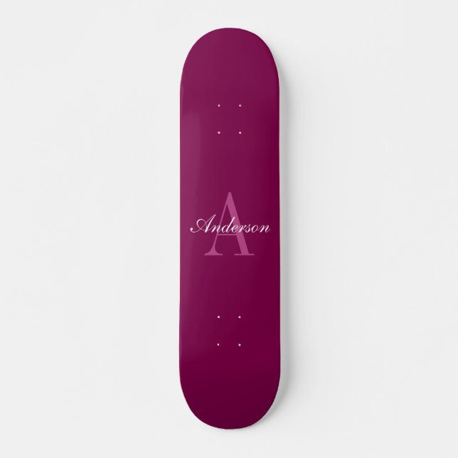 Skateboard Élégant Magenta Rouge, rose & blanc Nom & Monogram (Devant)