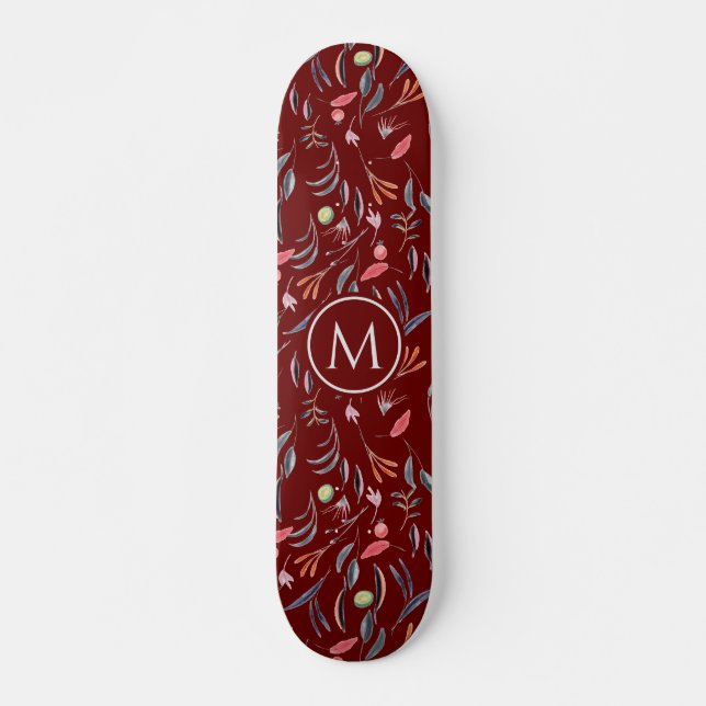 Skateboard Élégant MONOGRAM D'Aquarelle Florale Bourgogne (Devant)
