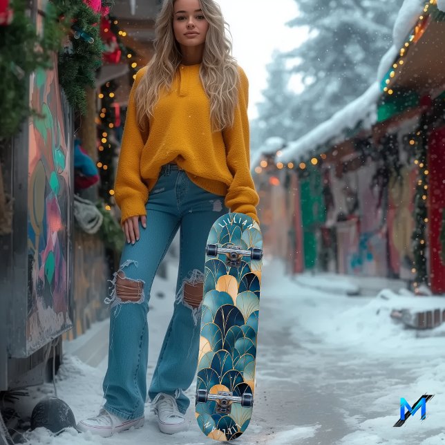 Skateboard Élégant Motif de ventilateur Abstrait en bleu cont (Créateur téléchargé)