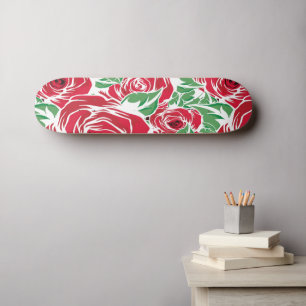 Skateboard Elégant Motif Rose Vintage - Rouge & Vert Floral