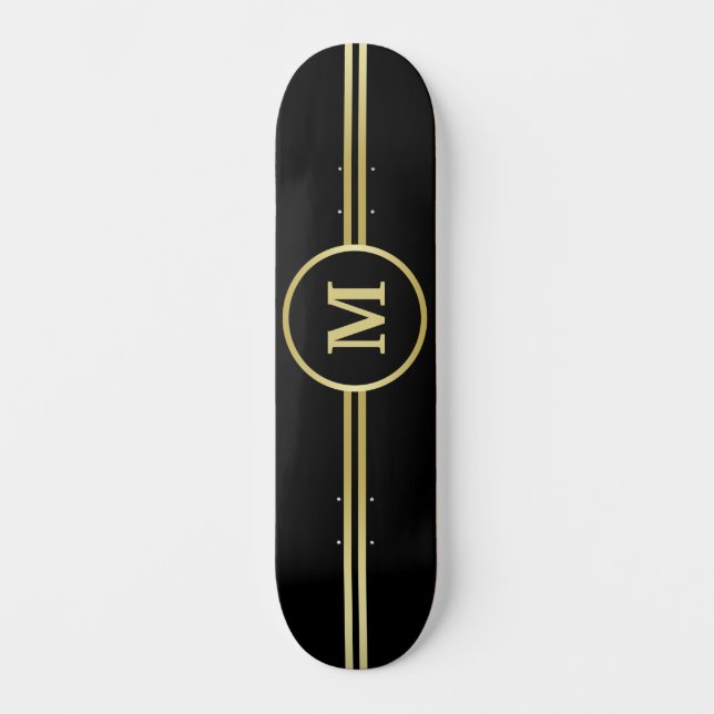 Skateboard Élégant or Monogramme personnalisé sur noir (Recto)