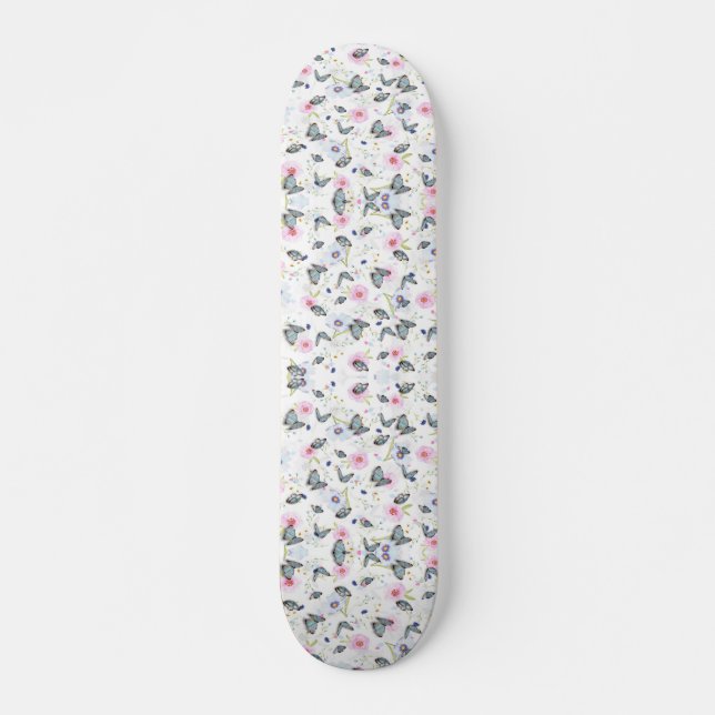 Skateboard élégant papillon et fleurs rose et bleu moderne (Devant)