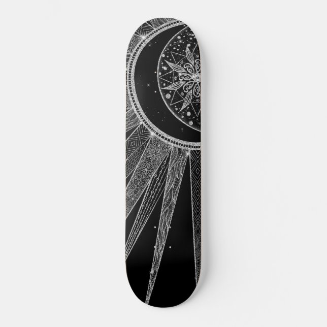 Skateboard Elégant Silver Sun Moon Mandala Black Design (Recto)