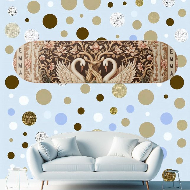 Skateboard Elegant Symmetry Swan Couple Art Deco Floral Motif (Elegant Symmetry Swan Couple Art Deco Floral Motif Skateboard)