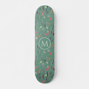 Skateboard Élégant Turquoise Vert Aquarelle Floral MONOGRAM