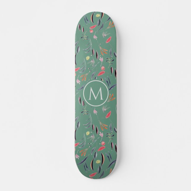 Skateboard Élégant Turquoise Vert Aquarelle Floral MONOGRAM (Devant)