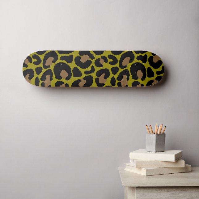 Skateboard Élégant vert olive & Imprimé léopard noir (Art mural (Horz))