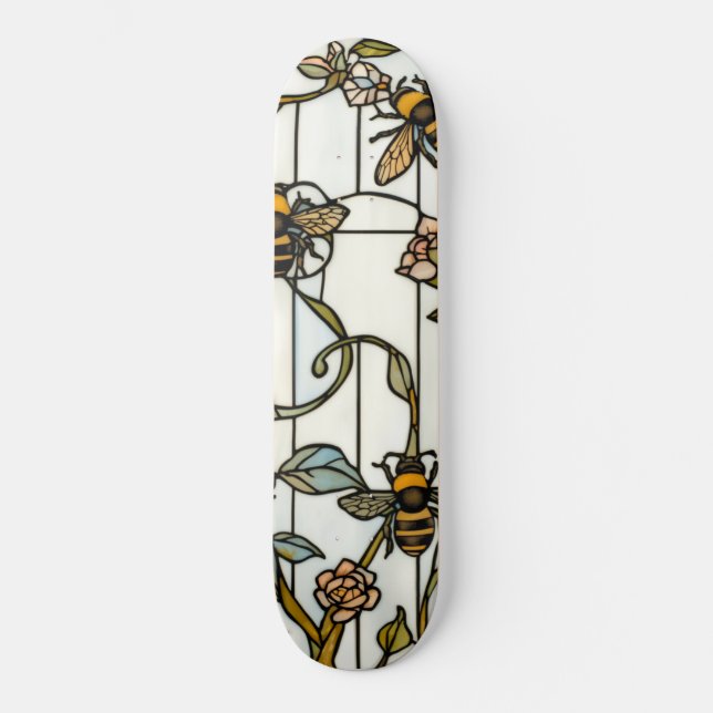 Skateboard Élégant vitrail d'art nouveau botanique abeille (Recto)