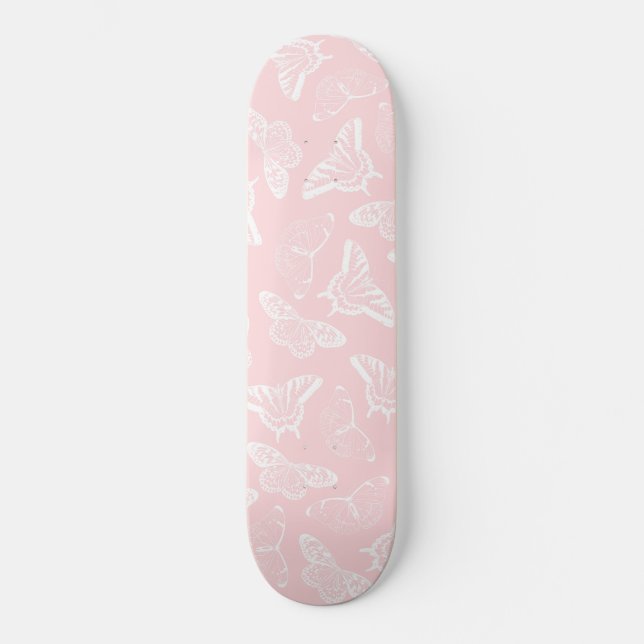 Skateboard Elegant White Butterflies Rose Design (Recto)