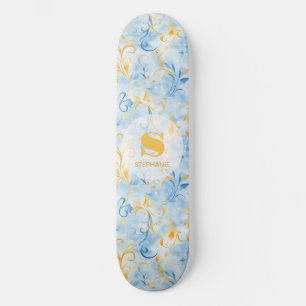 Skateboard Elégante feuille bleu et or inspirée de la taille