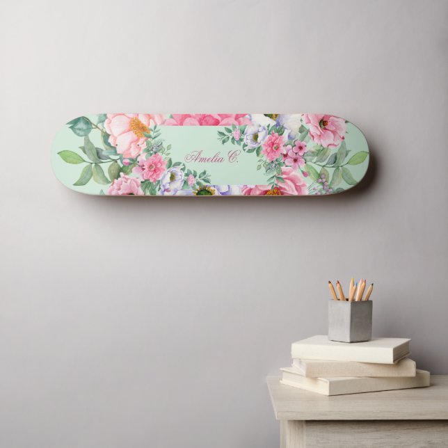 Skateboard Élégantes Florales De Jardin D'Été Avec Nom (Art mural (Horz))