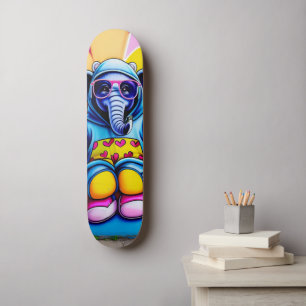 Skateboard éléphant bleu cool avec lunettes graffiti