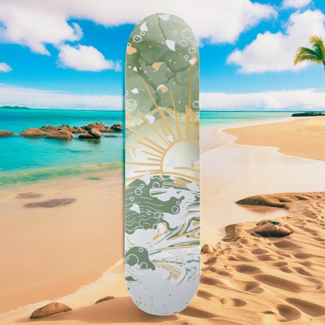 Skateboard Emerald Green & Gold Marble Sea Ocean Waves (Créateur téléchargé)