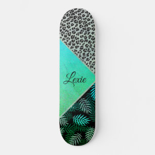 Skateboard Empreinte de léopard Tropical Turquoise