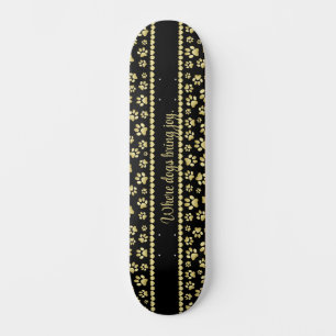 Skateboard Empreintes de Patte Dorées sur Fond Noir avec Nom