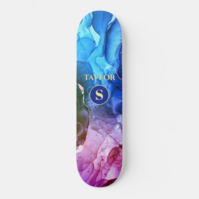 Skateboard Encre Liquide Violet Rouge Bleu, Monogramme & Nom (Recto)