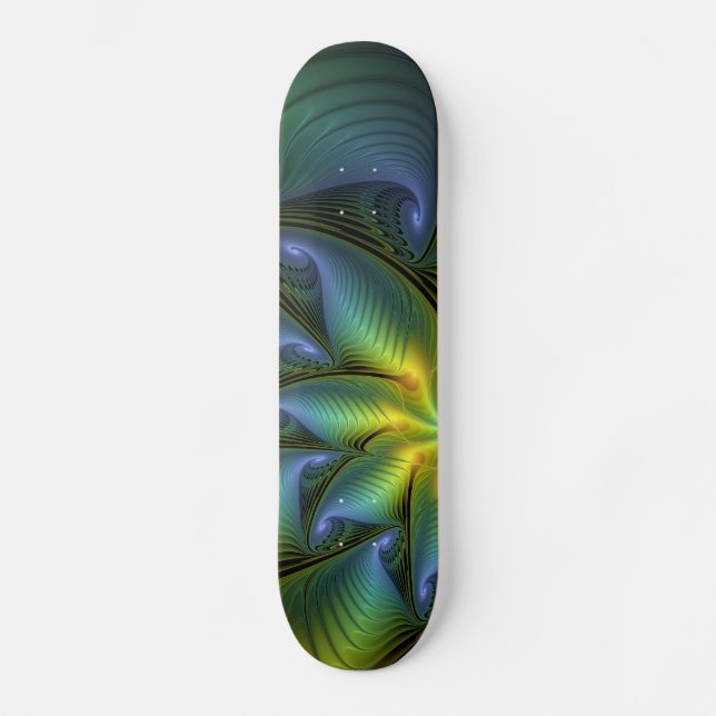 Skateboard Etoile Abstraite, Bleu brillant Vert Or Fractal Ar (Recto)