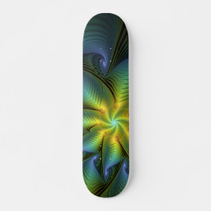 Skateboard Etoile Abstraite, Bleu brillant Vert Or Fractal Ar