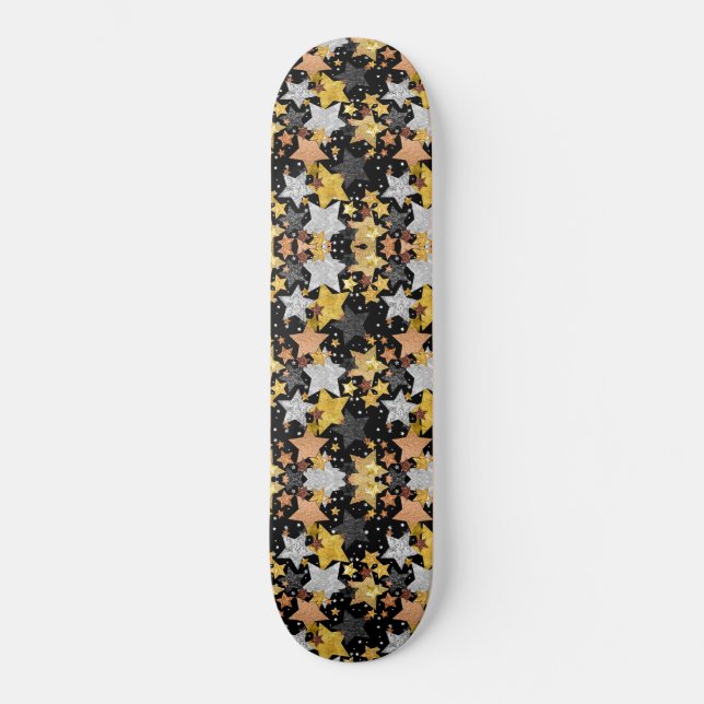 Skateboard Étoiles Explosion Or Noir Bronze Argent Confetti (Recto)