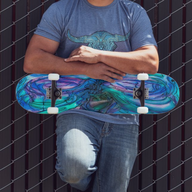 Skateboard Fantaisie aquarelle bleue (Extérieur 3)