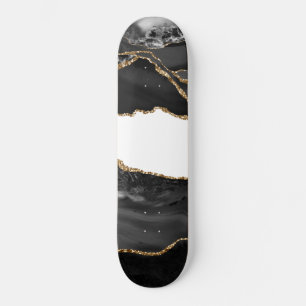 Skateboard Fausse Agate Marbrée Pierre Noire Élégante Luxe Or