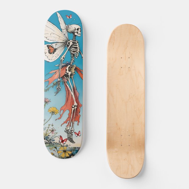 Skateboard Fée de squelette avec jupe rouge et papillons (Recto)