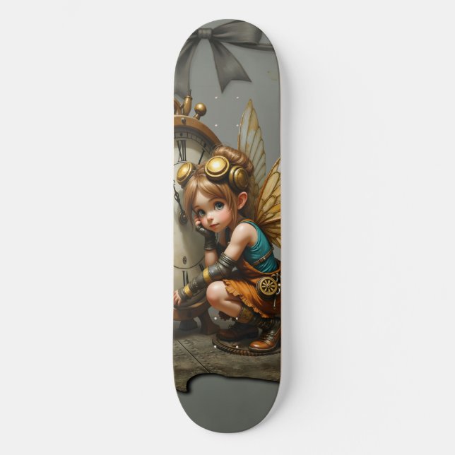 Skateboard Fée Steampunk avec ailes d'or et horloge antique (Recto)