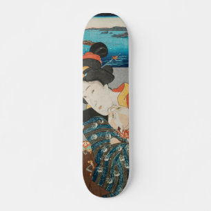 Skateboard Femme jouant avec chat Vintage japonais imprimé