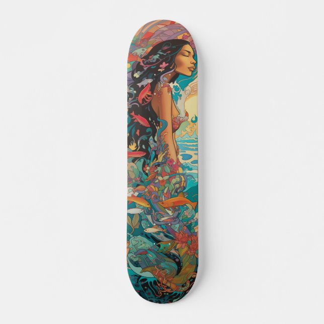 Skateboard Femme tropicale et poisson vintage (Devant)