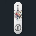 Skateboard *~* Feu AP88 Moyenne de l'épée Floral<br><div class="desc">(Code de recherche AP88 pour trouver des articles similaires ) Transfert facile vers d'autres produits Zazzle. Patinage arrière - plan BLANC avec PINK et couleur ROSE FLEURS MÉDIÉVAL SWORD pour tueurs de dragons avec FLEURS / éléments FLORAUX et avec ANNEAU de FEU / FLAMES / FLAME et lettre, MONOGRAMME INITIAL...</div>