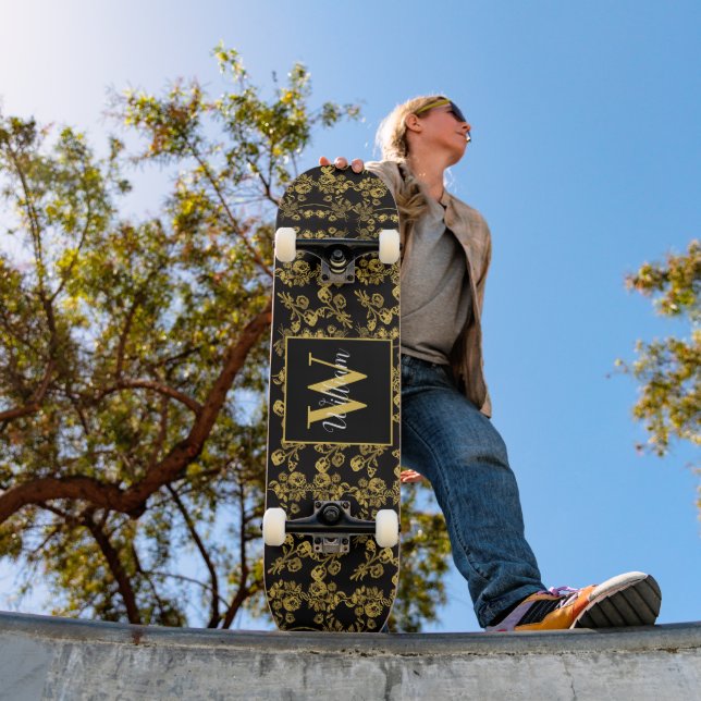 Skateboard Feuille dorée et luxe noir | Monogramme personnali (Extérieur 1)