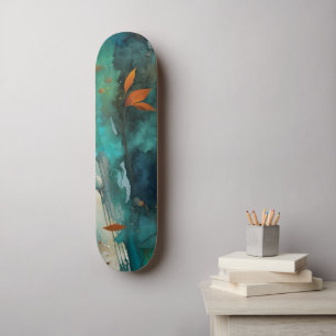 Skateboard Feuilles d'automne peinture Turquoise Rouille Or A