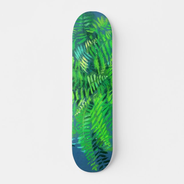 Skateboard Feuilles de fougères, design floral, verdure, bleu (Devant)