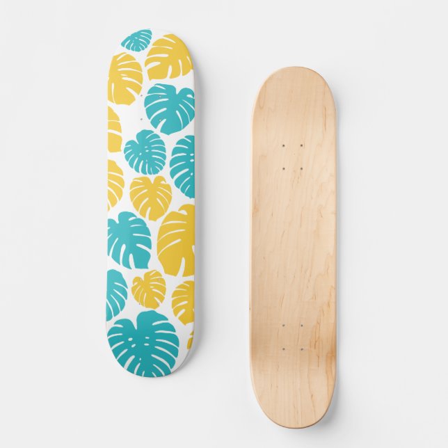 Skateboard Feuilles Monstera en Turquoise, Jaune et Blanc (Recto)