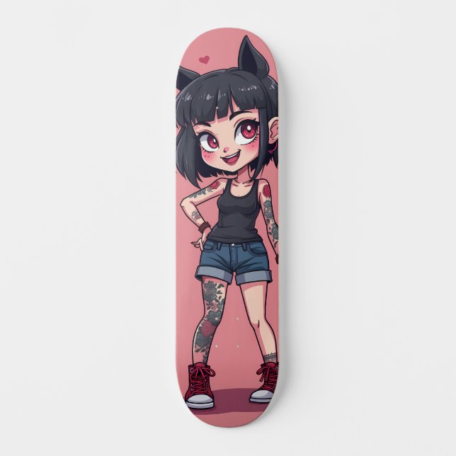 Skateboard Fille aux tatouages style cartoon (Recto)