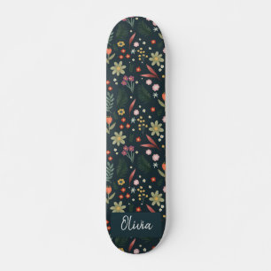 Skateboard Fille et Cool Moderne Marine Bleu Fleurs Botanique