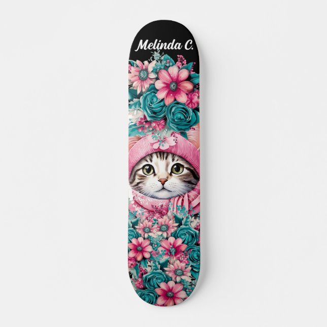 Skateboard Fille Fleurs Turquoises et roses Noël Kitten (Devant)