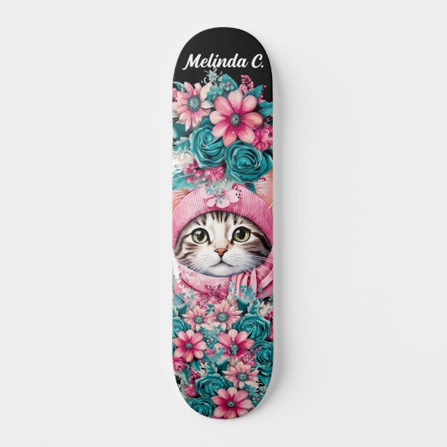 Skateboard Fille Fleurs Turquoises et roses Noël Kitten (Recto)