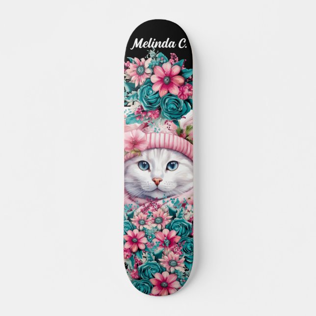 Skateboard Fille Fleurs Turquoises et roses Noël Kitten (Devant)